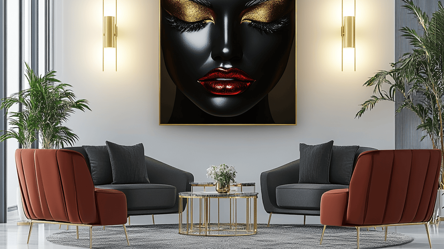 Commercial entryway design featuring large aluminum portrait art in luxury lobby setting, illustrating interior designer best practices for hotel and corporate office spaces