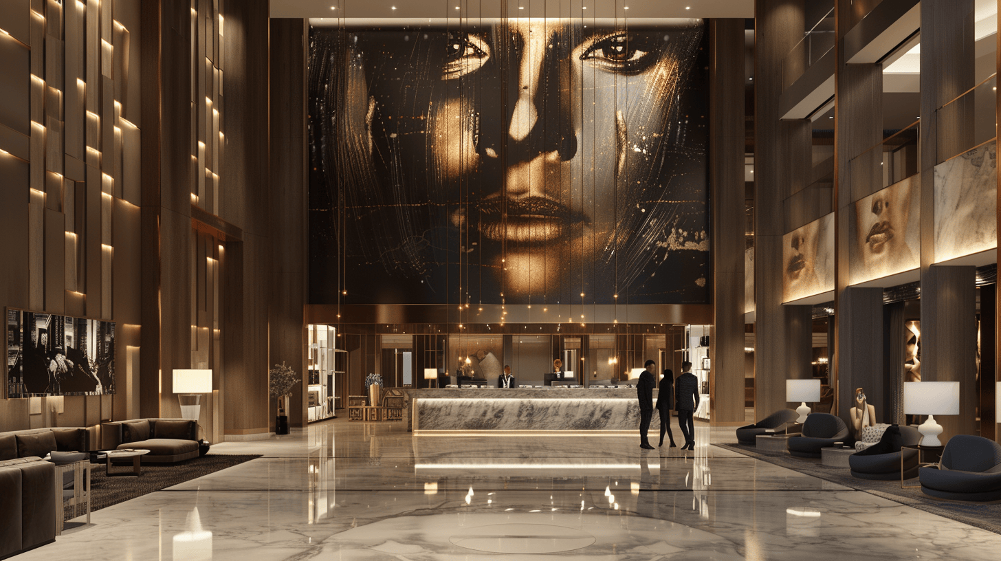Modern boutique hotel lobby with statement portrait art installation and elegant lighting demonstrating luxury hospitality art curation trends 2025