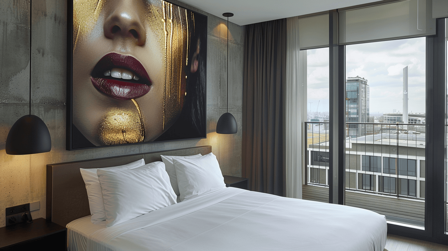 Modern hotel room showcasing vibrant aluminum wall art with floating gallery mount, highlighting why luxury hospitality chooses metal over canvas for commercial spaces