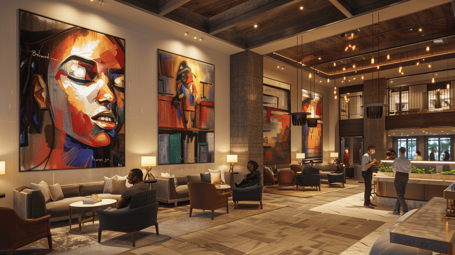 Inclusive commercial art in luxury hotel lobby - diverse portrait artwork creates welcoming environment for hotel guests and demonstrates effective hospitality design
