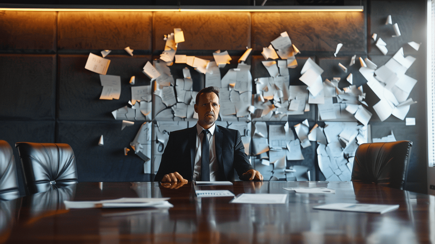 Corporate executive frustrated by canvas art replacement costs and budget overruns in Fortune 500 boardroom