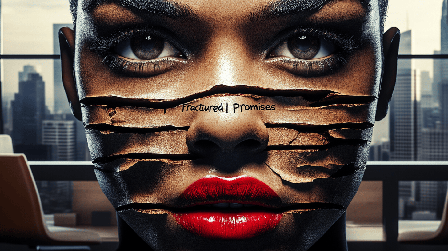 Contemporary metal artwork "Fractured Promises" displayed in executive office, featuring portrait with cracked facial elements and red lips, demonstrating how emotionally authentic art builds professional credibility