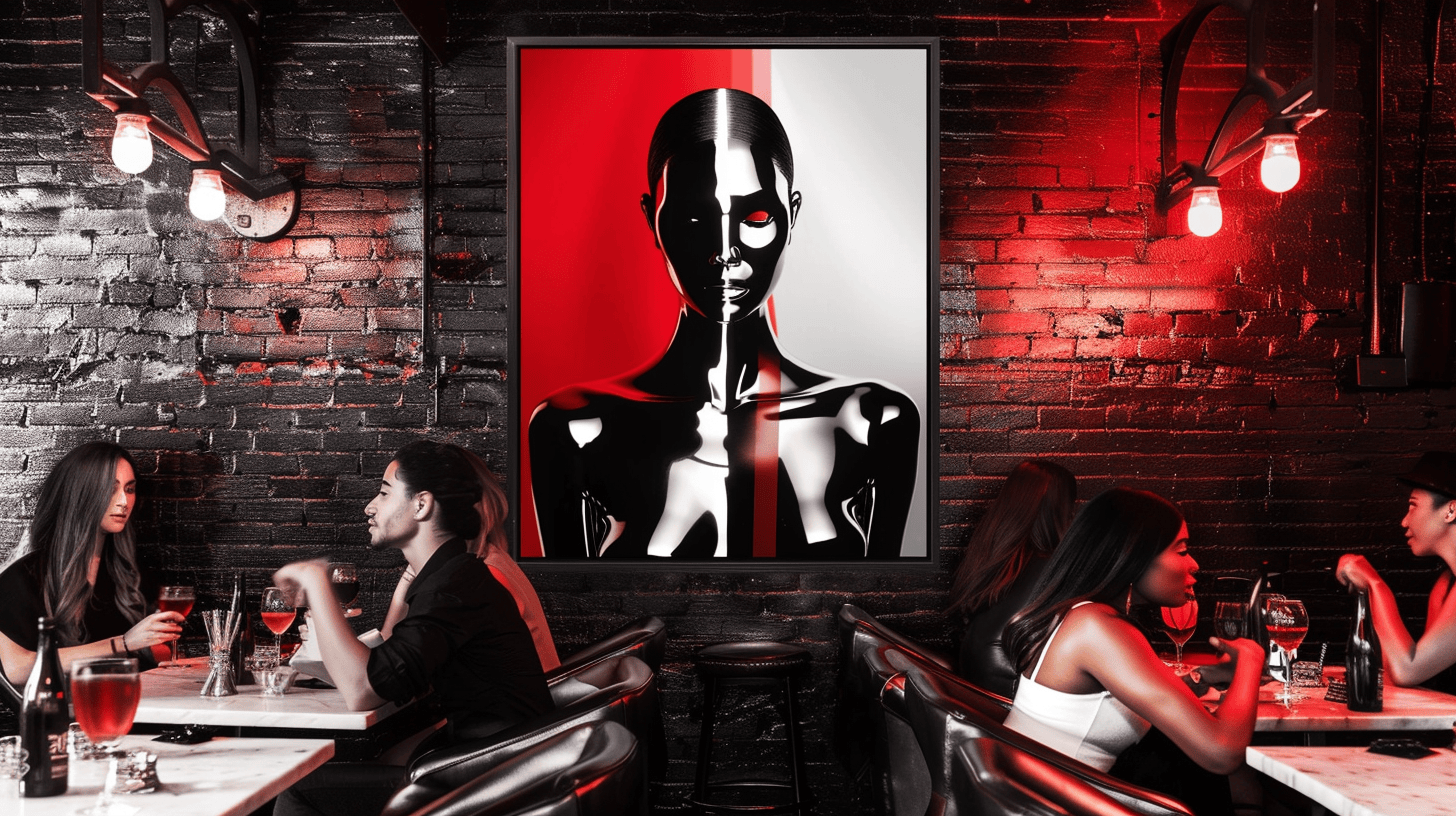 LGBTQ+ inclusive bar with sophisticated aluminum portrait art displaying quiet Pride support through elegant commercial artwork