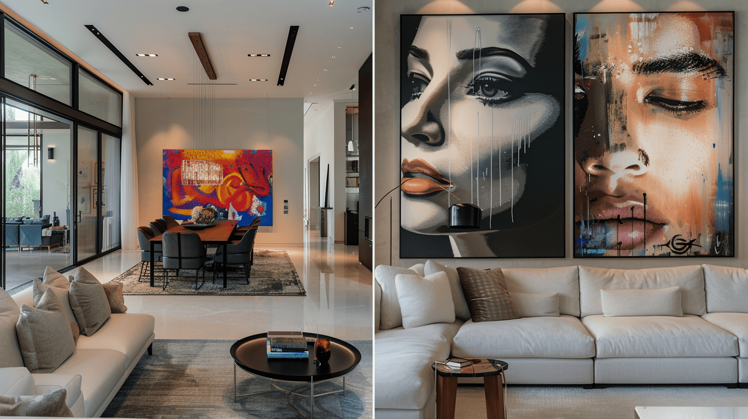 Comparison of high-end residential interiors featuring generic corporate art versus unique local artist portraits and contemporary pieces