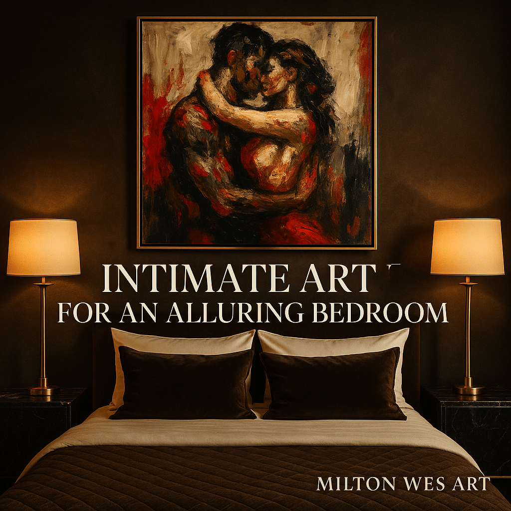 Luxury bedroom interior featuring bold romantic wall art above a tufted bed, styled with soft lighting and neutral tones to evoke intimacy and elegance — Milton Wes Art.