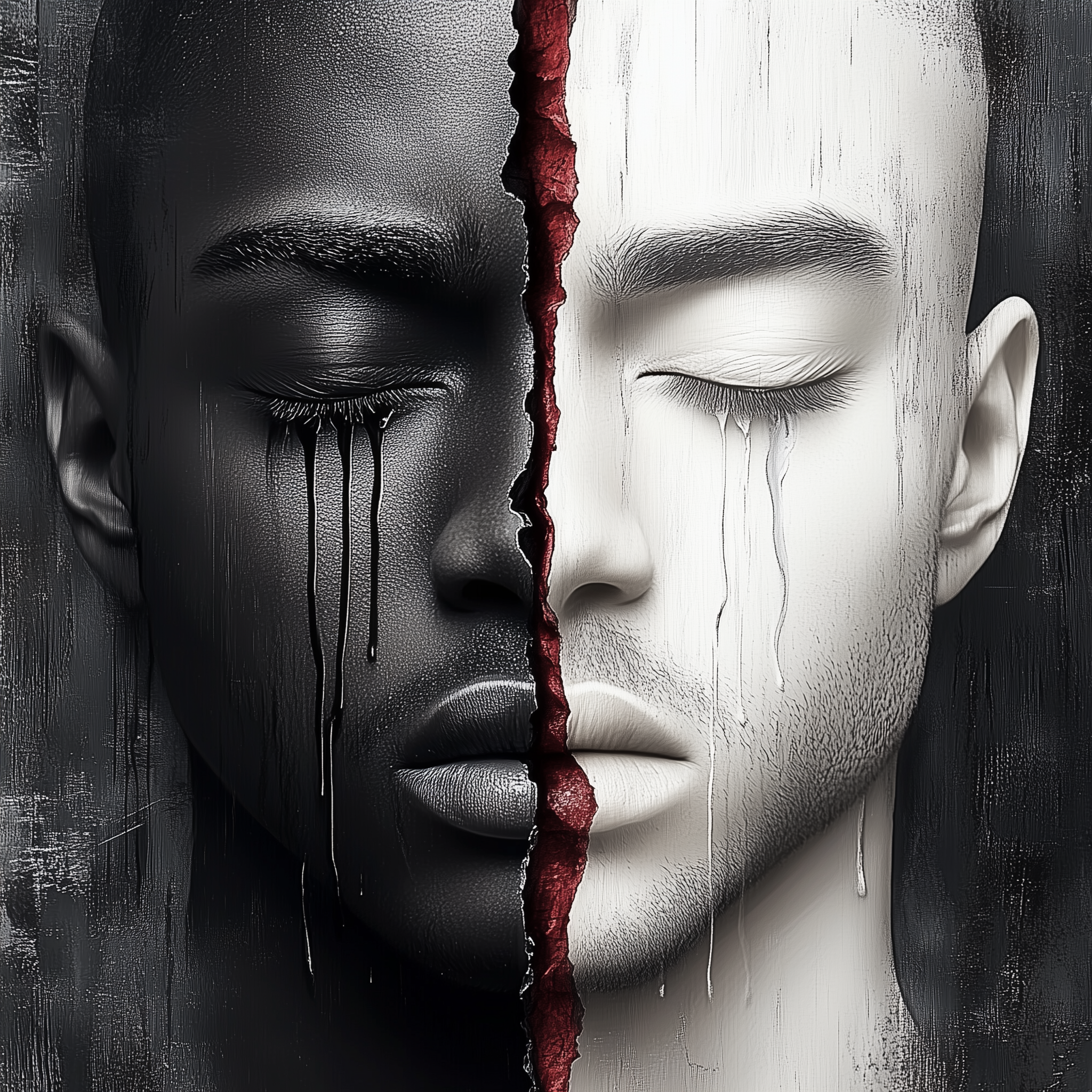 Abstract African-American wall art featuring black and white faces with cracks, black and white tears, and red ink, symbolizing unity, pain, and resilience.