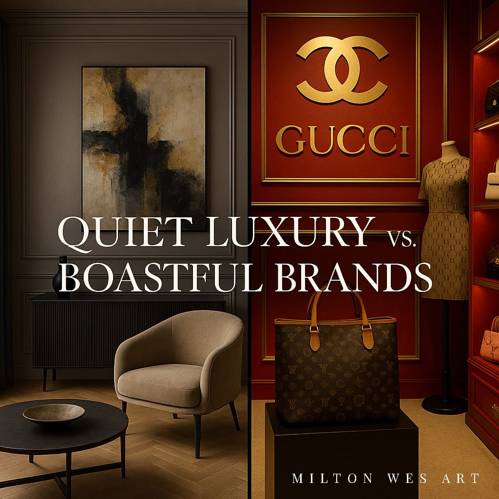 A split-screen presentation juxtaposes serene elegance found in a simplistic, neutral-themed indoor space adorned with abstract artwork, with a display of extravagant branding, showcasing a dynamic designer store filled with logos and high-end handbags.