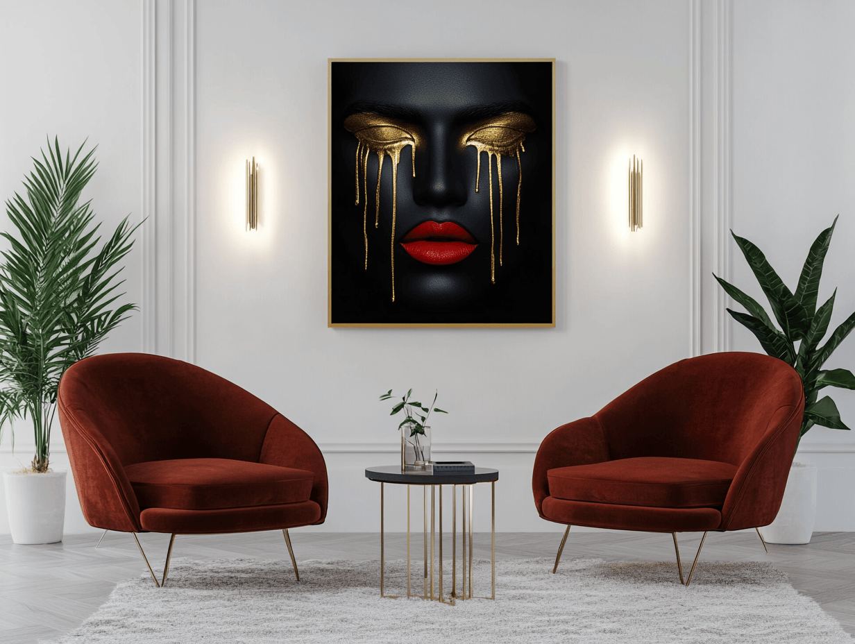 Therapy office waiting area featuring inclusive emotional metal artwork with gold dripping paint and red lips, demonstrating how authentic art creates welcoming healing spaces for diverse clients