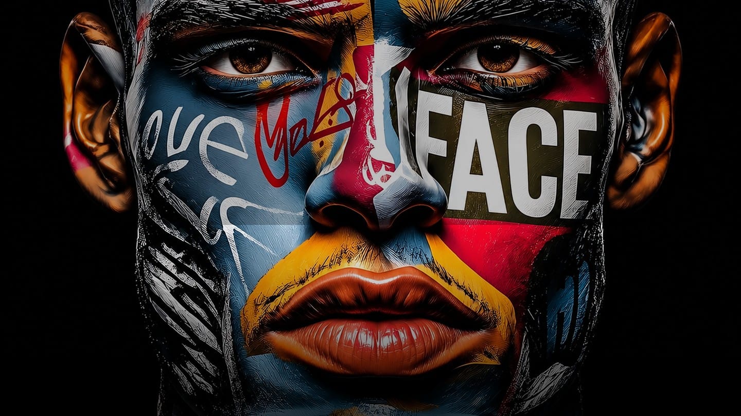 Close crop of a face in blue, red and gold color blocks with scratched white linework, artwork by Corey Wesley.
