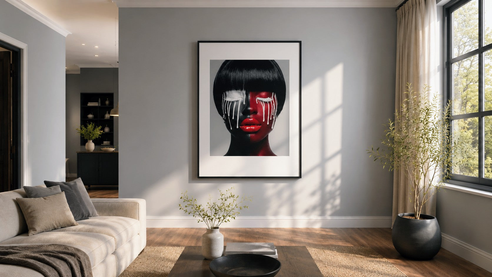 Burning Desire by Corey Wesley, 24x36 framed work on archival aluminum, displayed on a cool gray wall in natural light, Milton Wes Art.