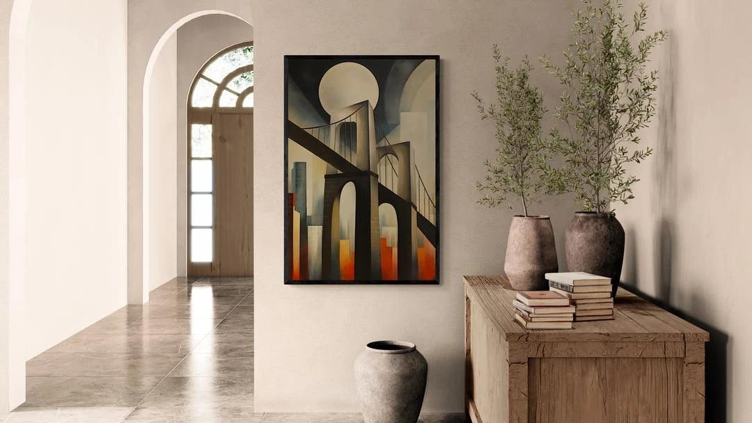 Beautiful modern interior featuring stunning wall art of a bridge, part of the Collector’s Favorite collection at Milton West Art, showcasing contemporary designs perfect for enhancing modern interiors with original pieces of wall art