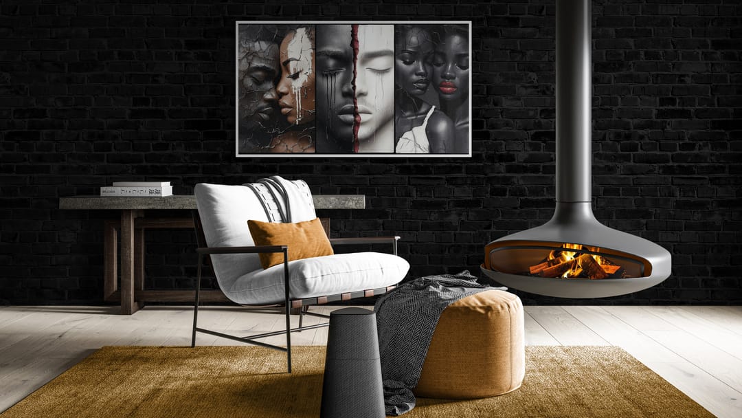 Framed black art wall piece featuring African-American faces in an abstract style, part of the Vibrant Voices Black Art Collection by Corey Wesley, displayed in a modern living room.