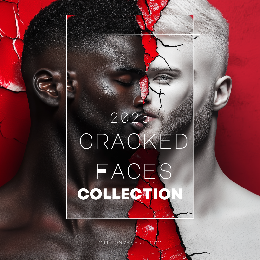 2025 Cracked Faces Collection by Corey Wesley preview featuring two faces merging with cracks and a bold red background.
