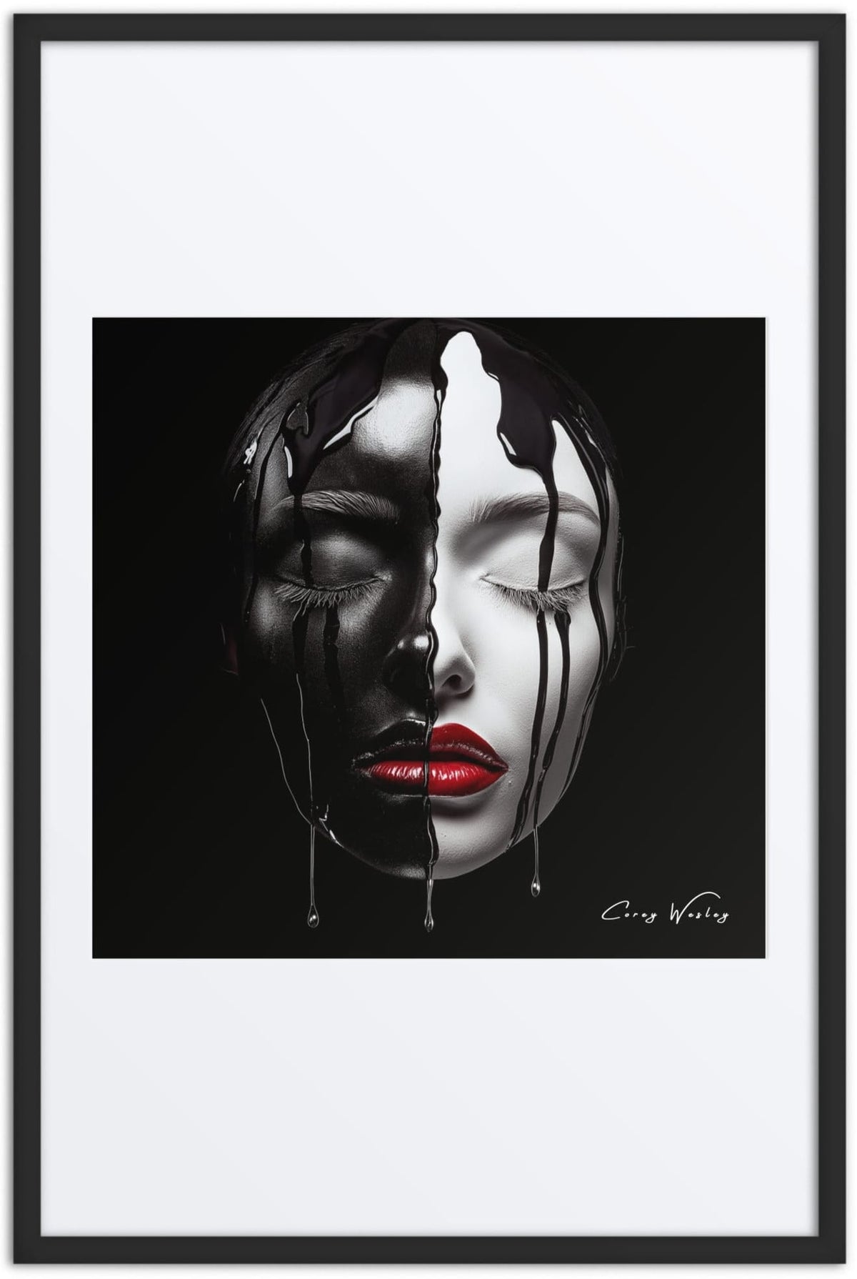 2:00 AM by Corey Wesley. A face split dark and pale against black, eyes closed, black paint running down from the top, red lips.