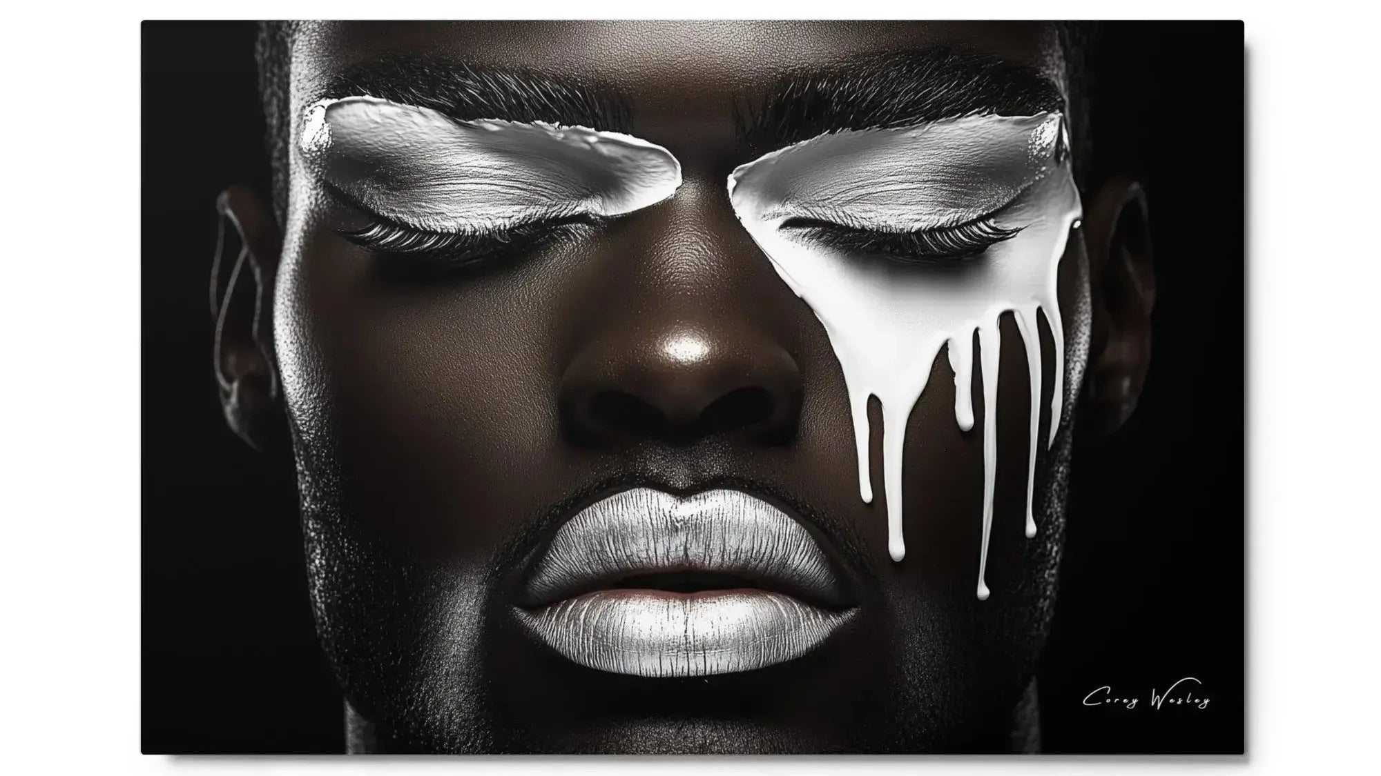 Black white portrait art contemporary face paint dripping aluminum print NYC artist wall art