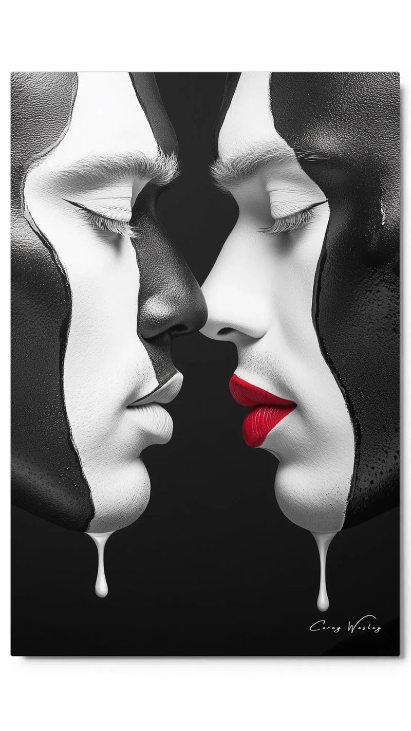 Black white melting portrait art contemporary dual faces red blue accents aluminum print NYC artist wall art