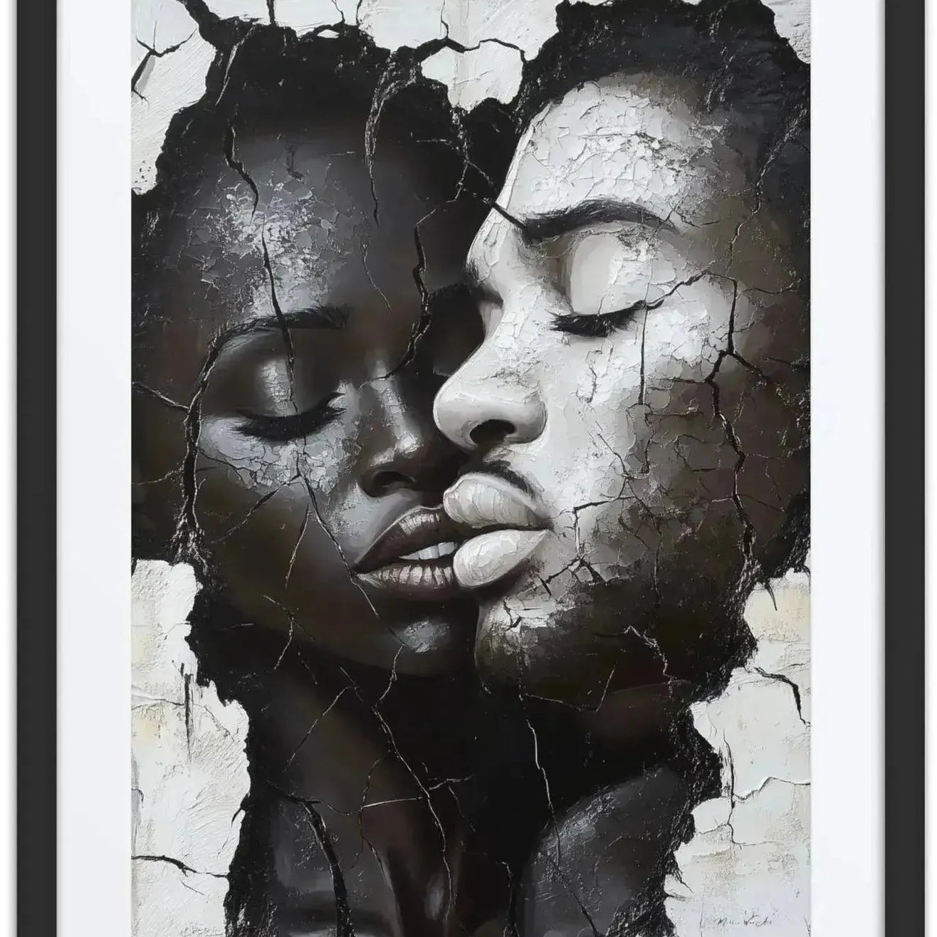 Black white cracked portrait art contemporary male face blue accent aluminum print NYC artist wall art"
