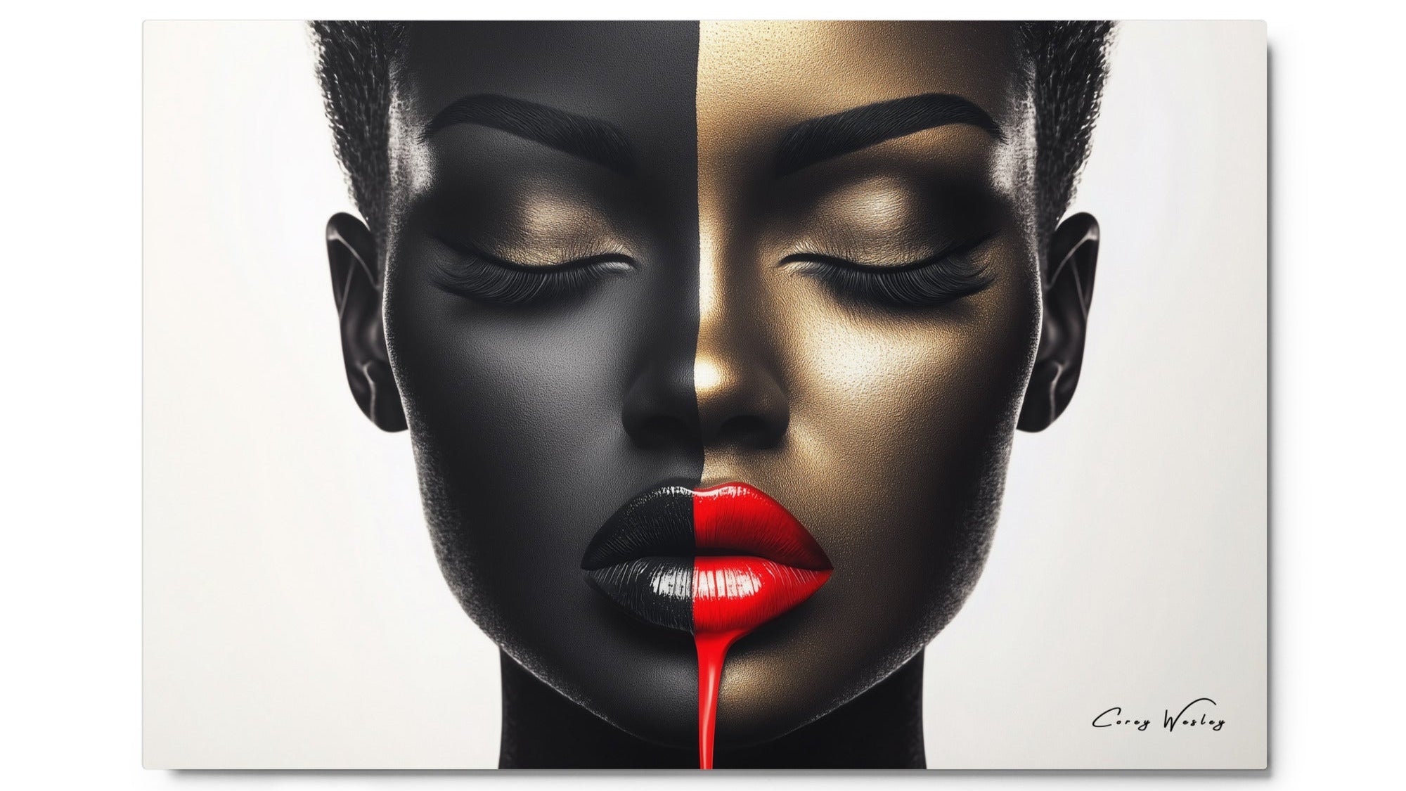 Black gold split portrait art red lips dripping aluminum print NYC artist contemporary wall artwork
