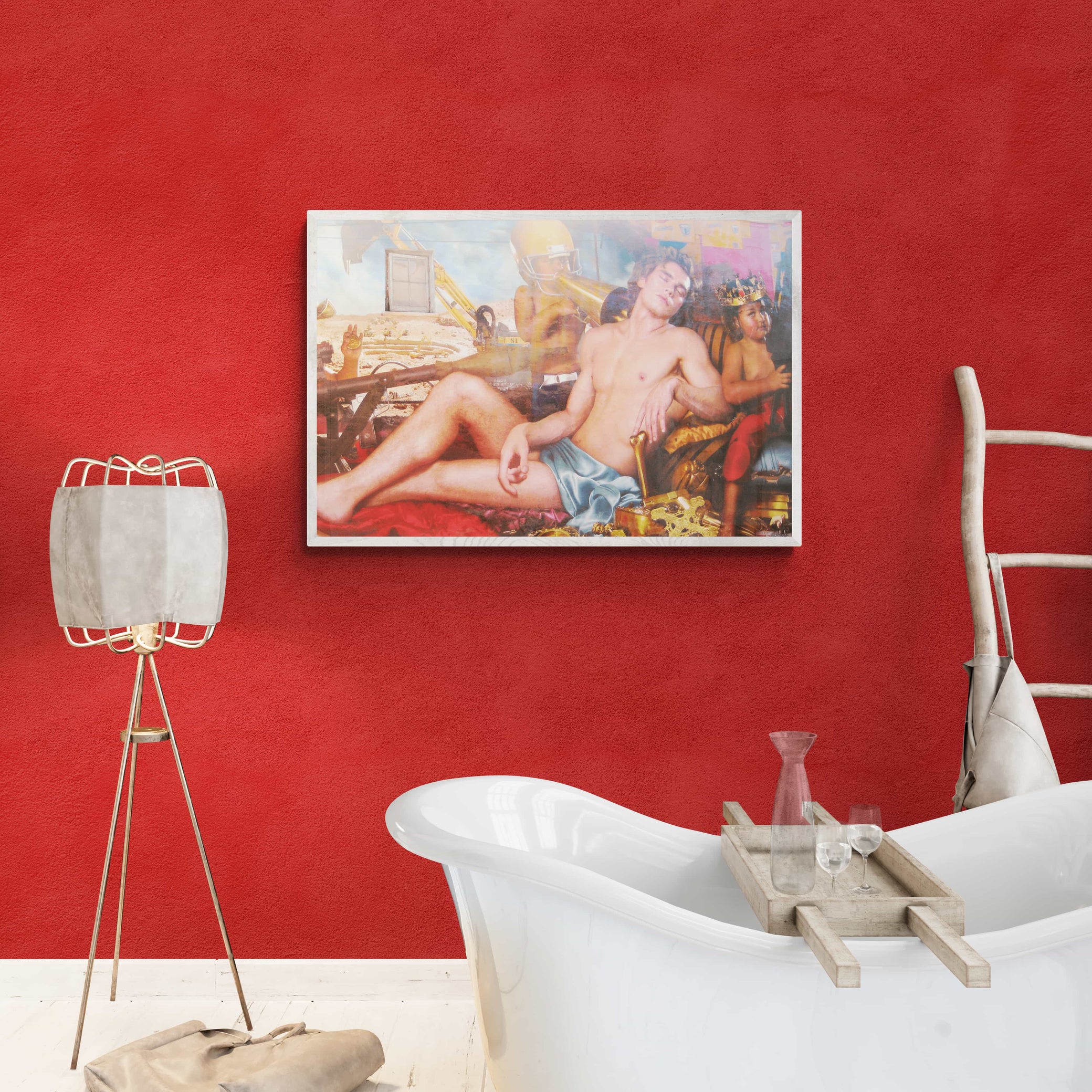 a photo of a bohemian style bathroom with tub and Milton Wes Art canvas framed print hanging on the wall