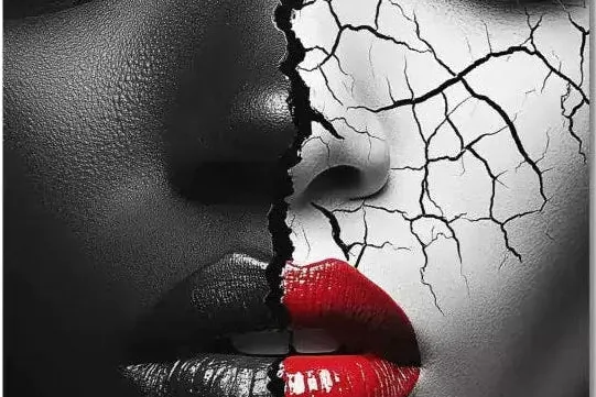 Black white cracked portrait art contemporary dual faces red lips aluminum print NYC artist wall art