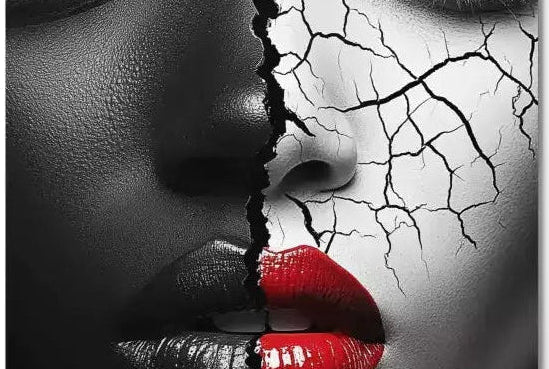 Black white cracked portrait art contemporary dual faces red lips aluminum print NYC artist wall art