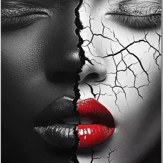 Black white cracked portrait art contemporary dual faces red lips aluminum print NYC artist wall art