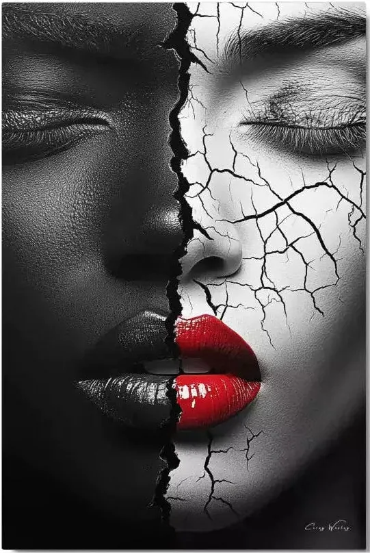 Black white cracked portrait art contemporary dual faces red lips aluminum print NYC artist wall art