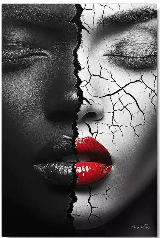 Black white cracked portrait art contemporary dual faces red lips aluminum print NYC artist wall art contemporary figurative portrait artwork by Harlem artist Corey Wesley