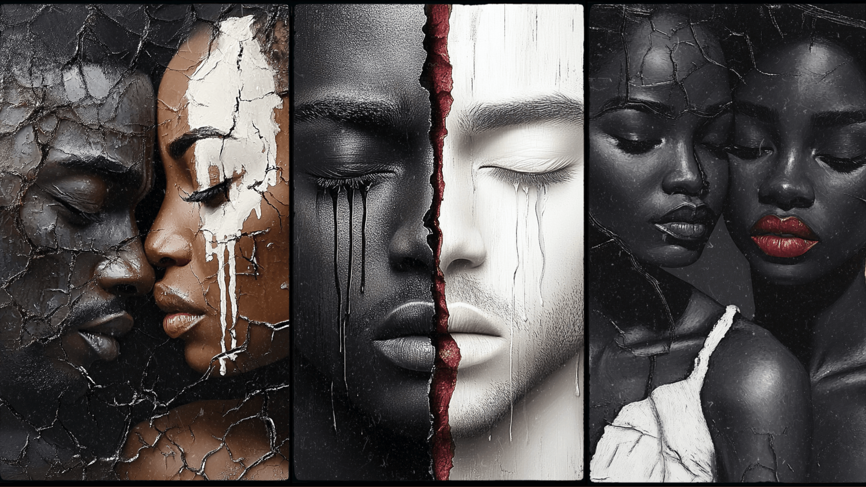 “Contemporary art by Corey Wesley from the Cracked Faces collection, depicting fragmented portraits symbolizing beauty and vulnerability. Available at Milton Wes Art.”
