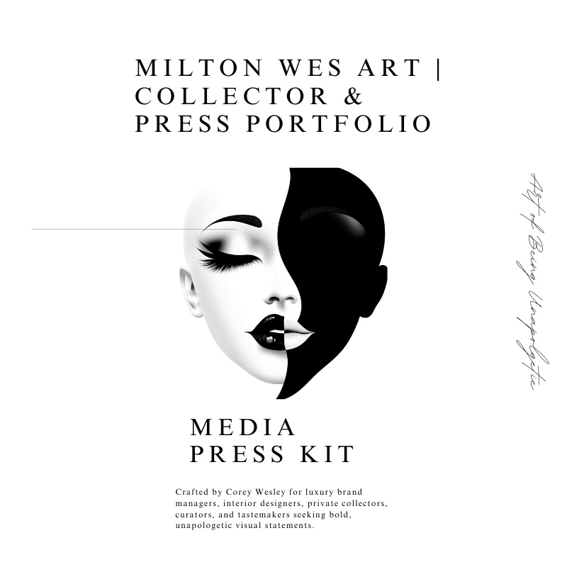 Milton Wes Art Media Press Kit Cover featuring Bold Black-and-White Abstract Portrait by Corey Wesley
