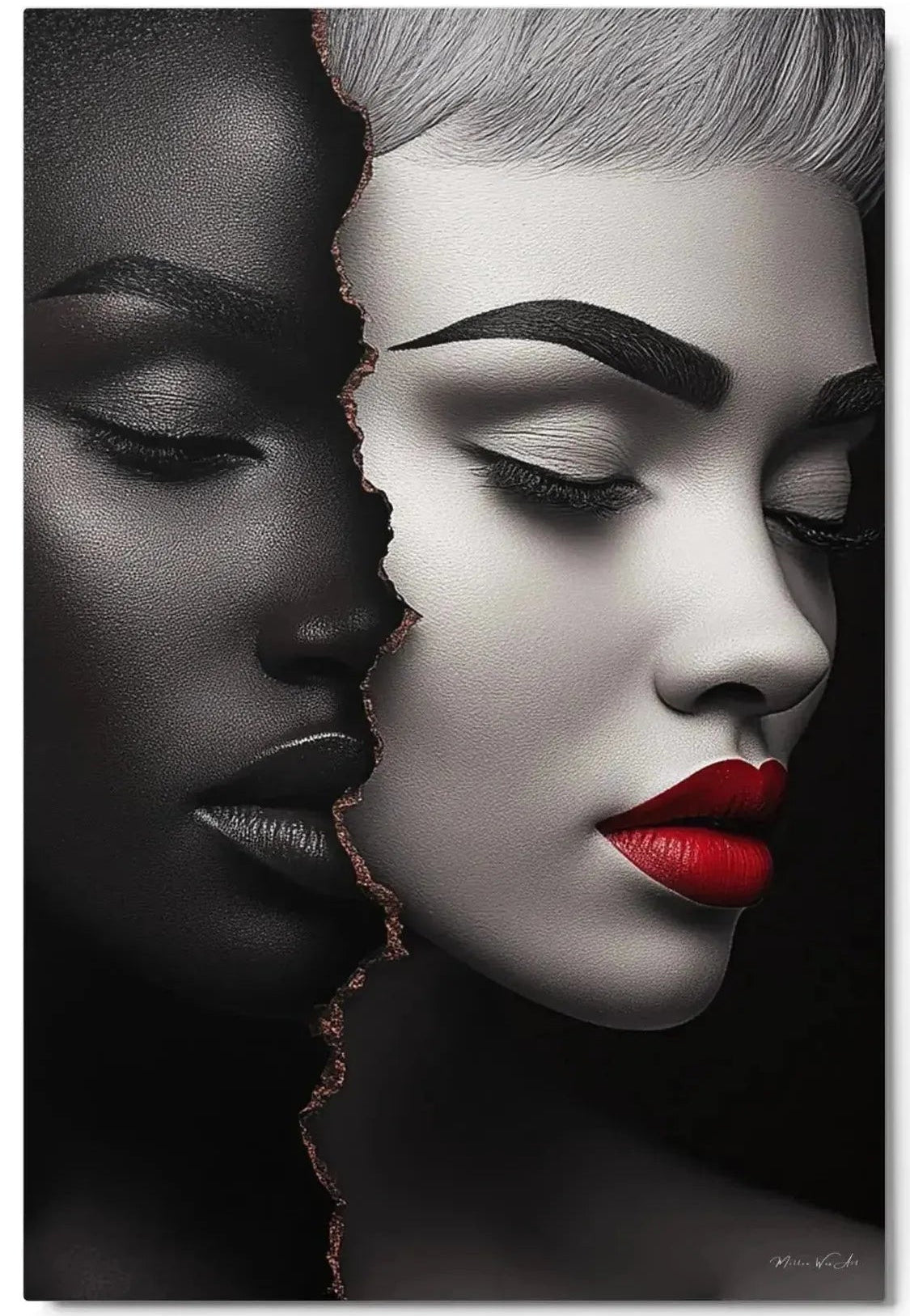 Duality Broken by Corey Wesley. A face torn in two with eyes closed, a dark half and a pale half with silver hair and red lips.