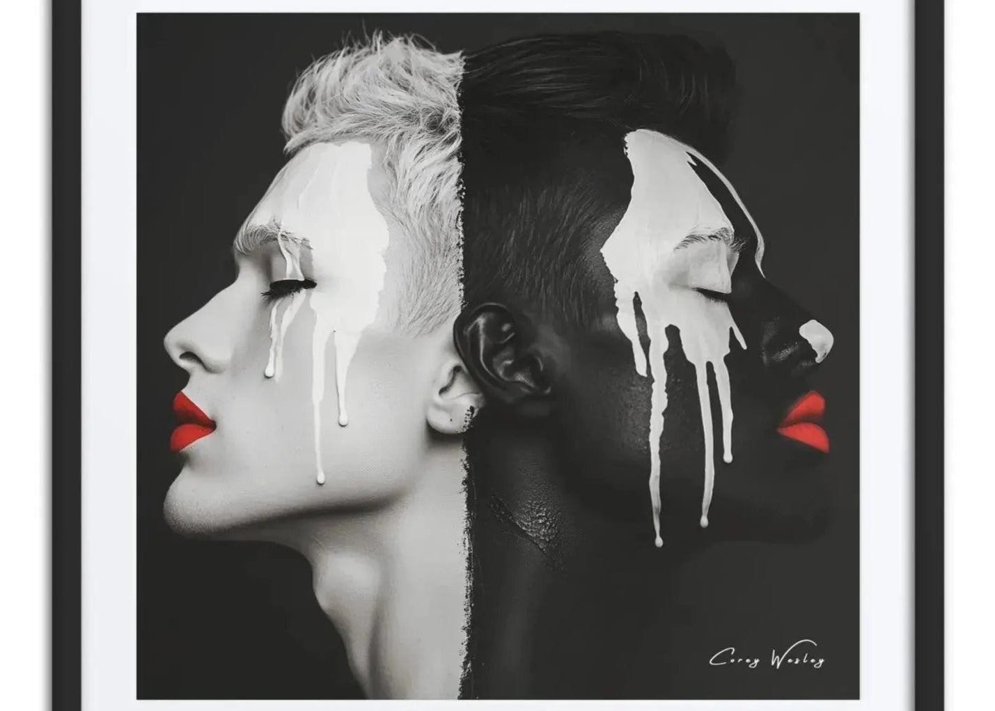 Black white dual portrait art contemporary red lips blue accent aluminum print NYC artist wall art
