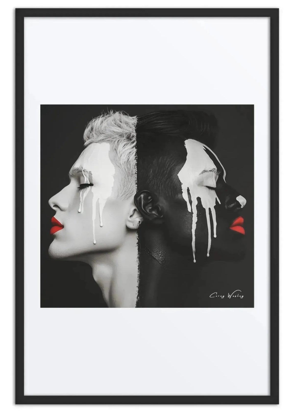 Duality Pain by Corey Wesley. Two profiles back to back, one pale with blonde hair and one dark, both with white paint dripping, red lips.
