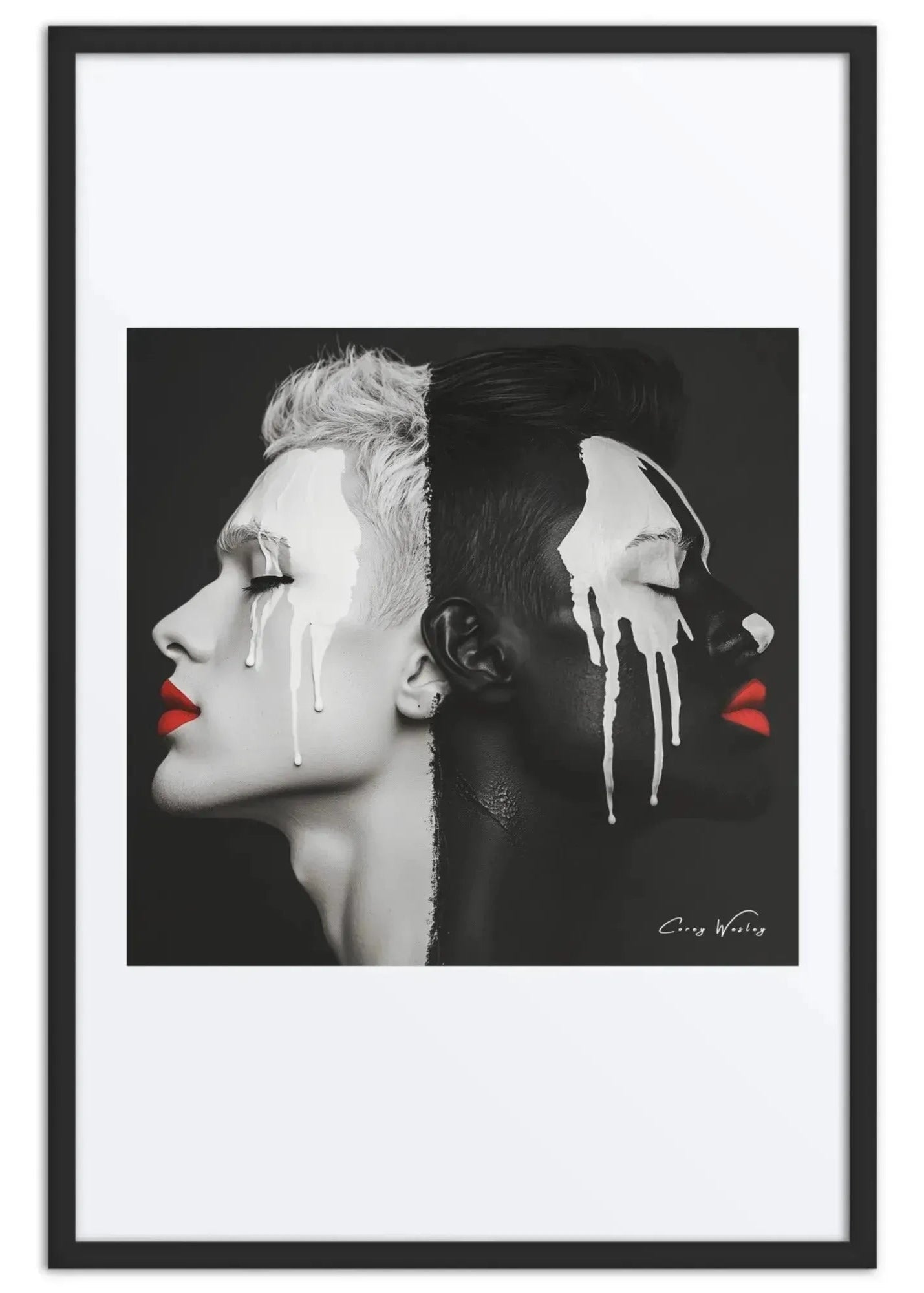 Black white dual portrait art contemporary red lips blue accent aluminum print NYC artist wall art contemporary figurative portrait artwork by Harlem artist Corey Wesley