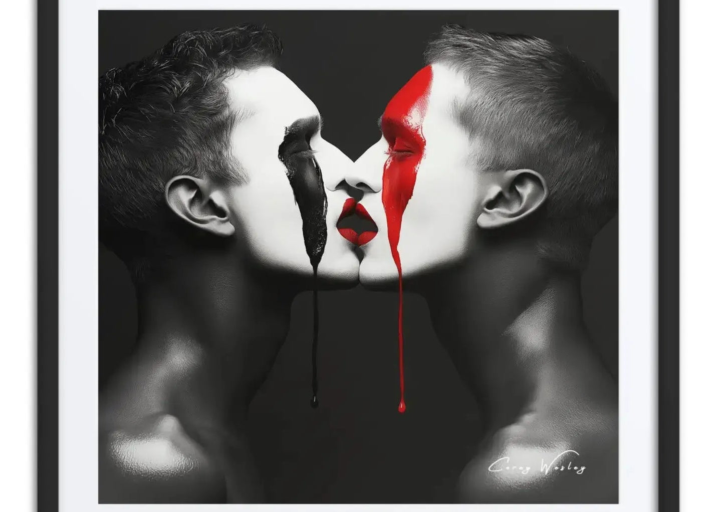 Black white red portrait art contemporary dual male faces aluminum print NYC artist wall art