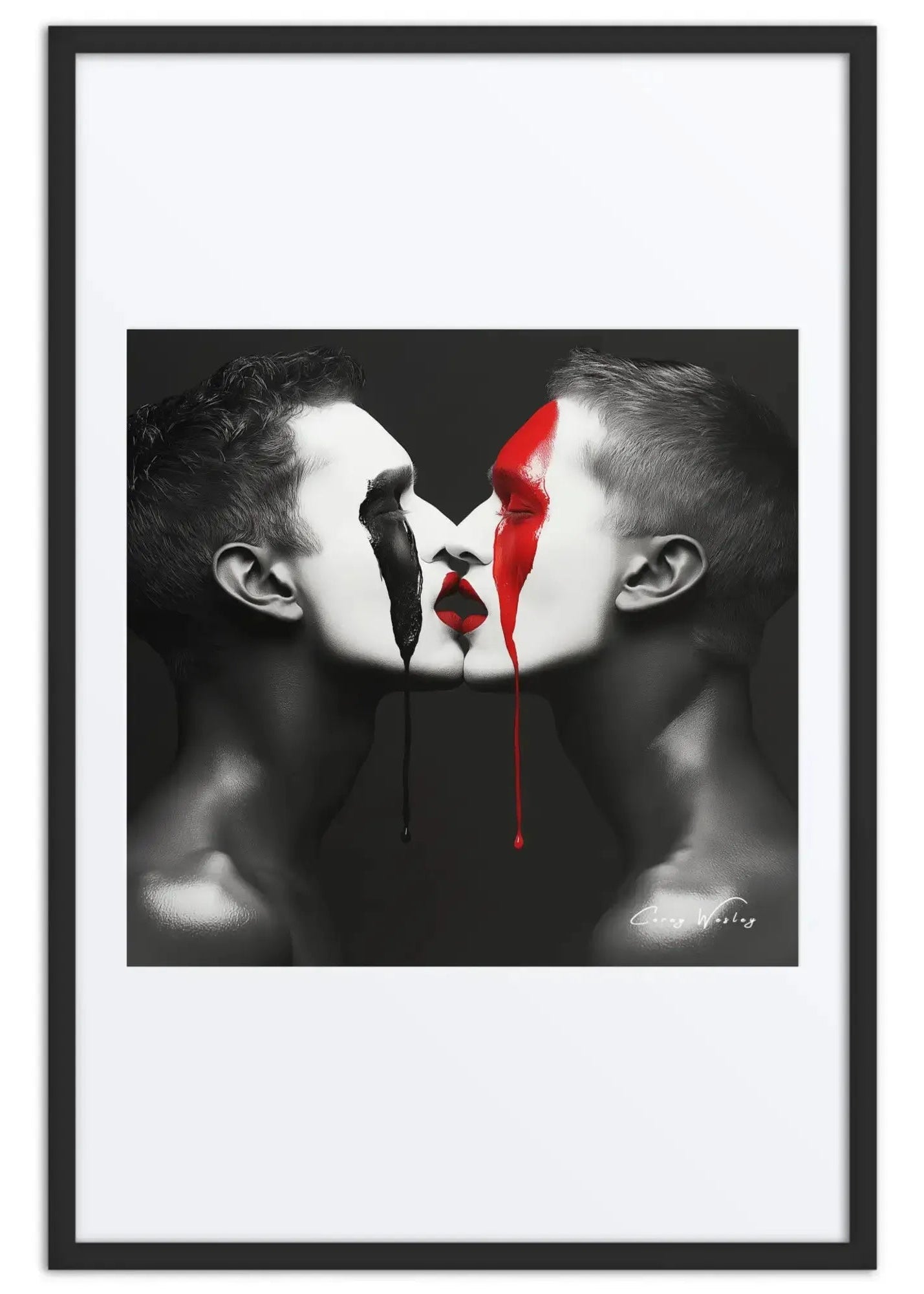 Black white red portrait art contemporary dual male faces aluminum print NYC artist wall art contemporary figurative portrait artwork by Harlem artist Corey Wesley