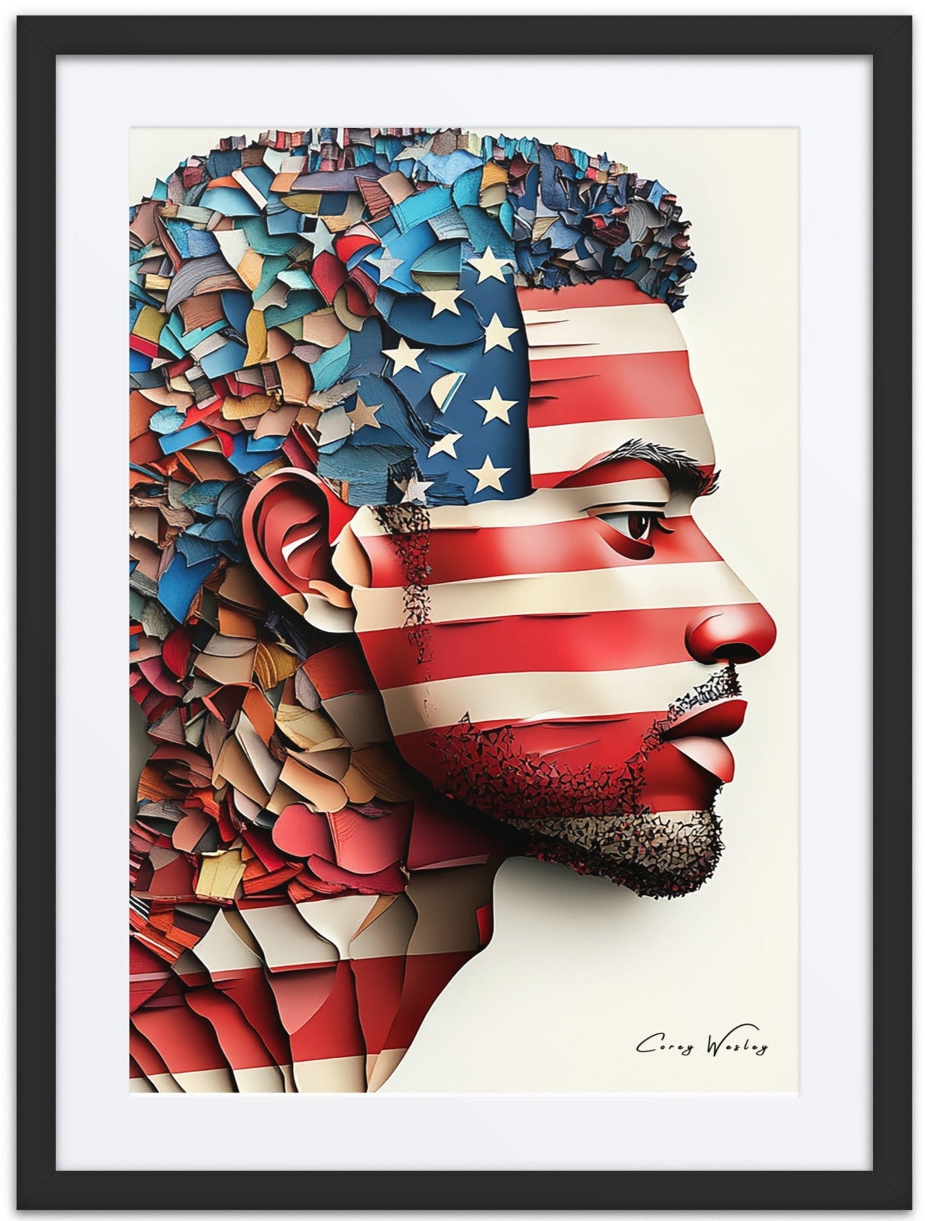 Fractured Identity — one of one framed artwork by Harlem artist Corey Wesley, 18x24, Milton Wes Art NYC contemporary figurative portrait artwork by Harlem artist Corey Wesley