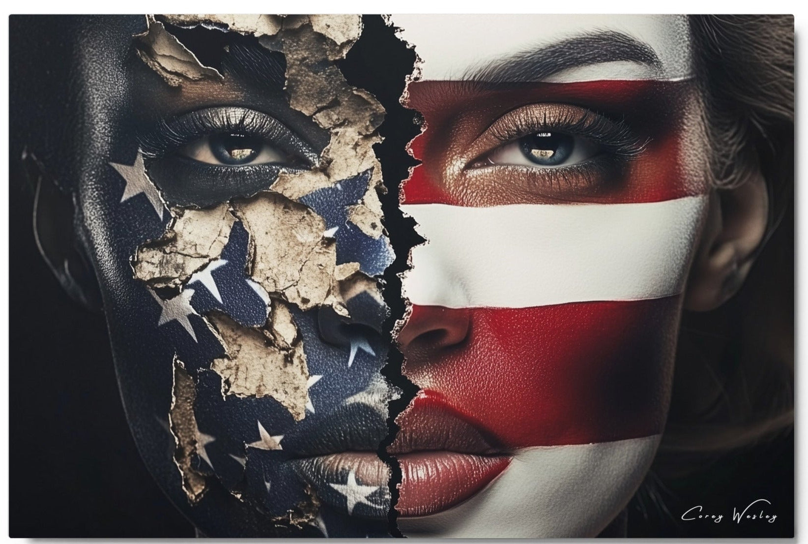 Fragmented Promises — one of one aluminum artwork by Harlem artist Corey Wesley, 24x36, Milton Wes Art NYC contemporary figurative portrait artwork by Harlem artist Corey Wesley