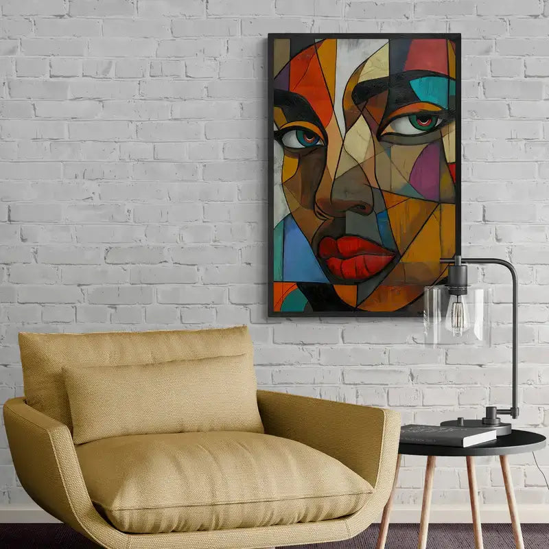 Modern abstract canvas art ‘Fragmented Reflection - Framed Abstract African-American Art’ by Milton Wes, blending dynamic shapes with vibrant African-inspired colors on Framed Canvas Print by Milton Wes Art.