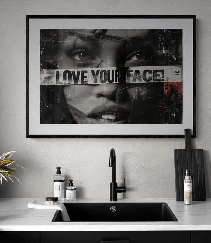 Abstract African-American wall art titled "Self Love Manifesto" framed above a modern kitchen sink with black faucet and sleek decor.