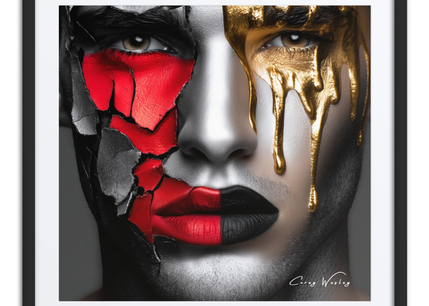 Red gold dripping portrait art contemporary face manipulation aluminum print NYC artist dramatic wall decor"
