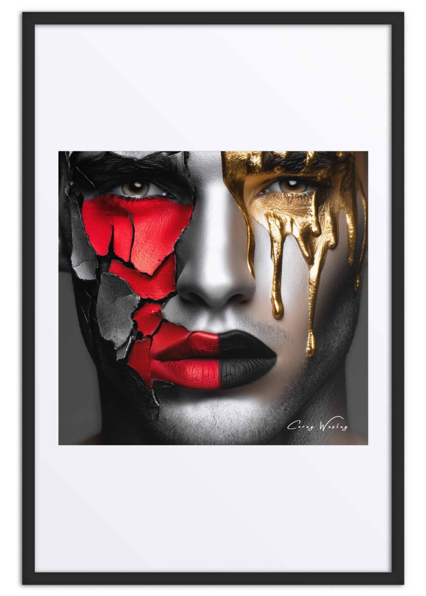 Red gold dripping portrait art contemporary face manipulation aluminum print NYC artist dramatic wall decor" contemporary figurative portrait artwork by Harlem artist Corey Wesley