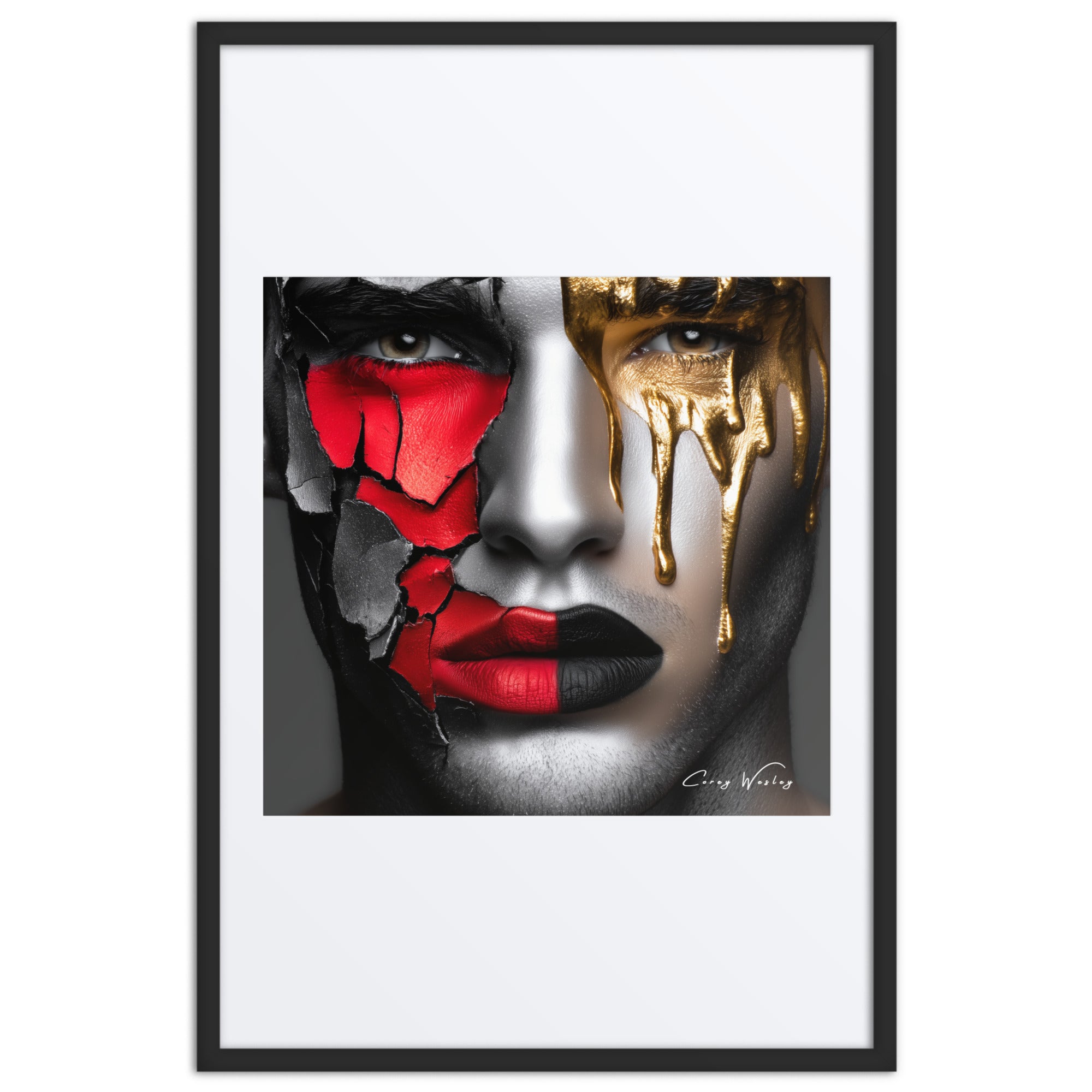 Red gold dripping portrait art contemporary face manipulation aluminum print NYC artist dramatic wall decor"