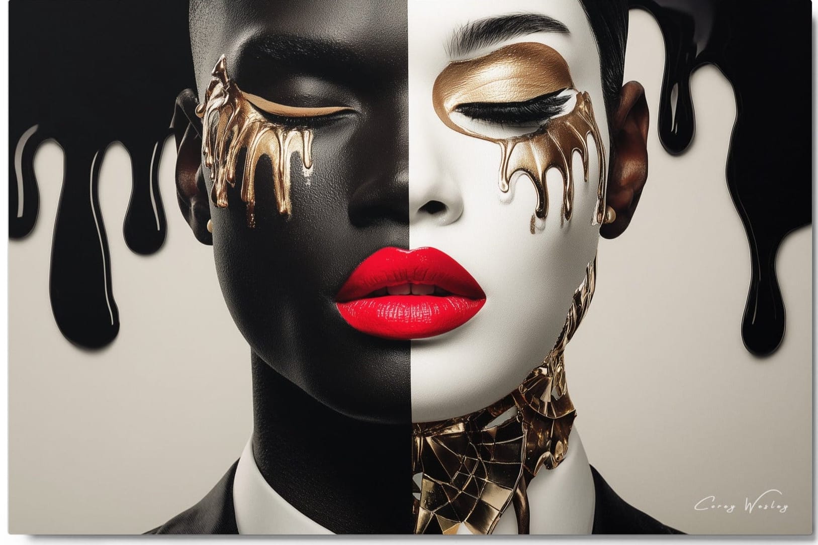 Gilded Vulnerability by Corey Wesley, one-of-one aluminum work, 36 × 24 inches.