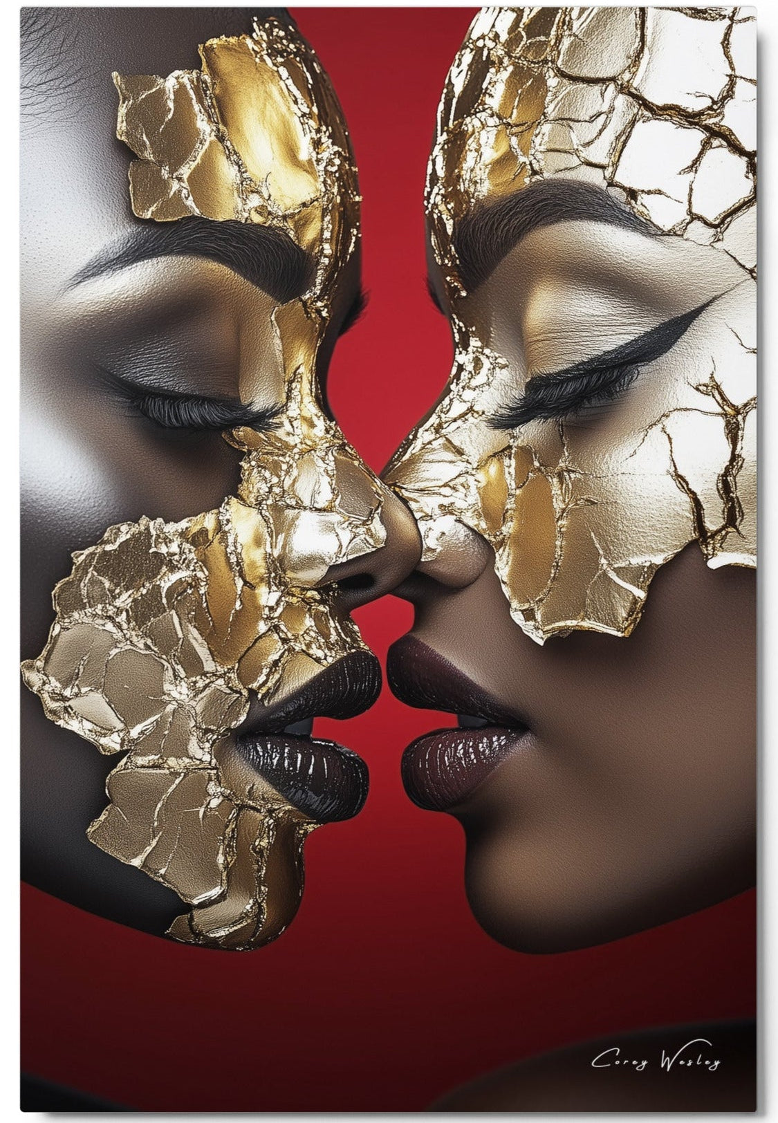 Golden Love — one of one aluminum artwork by Harlem artist Corey Wesley, 24x36, Milton Wes Art NYC contemporary figurative portrait artwork by Harlem artist Corey Wesley