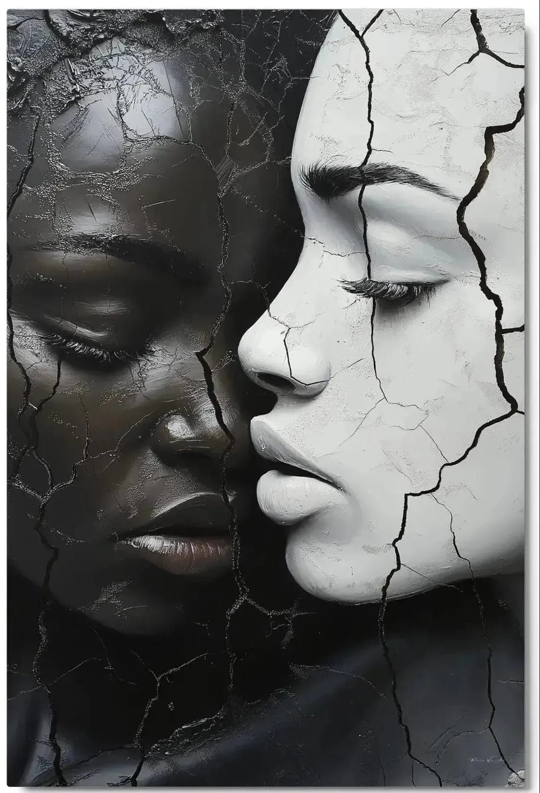 Harmony by Corey Wesley. Two faces leaning close with eyes closed, one dark and one pale, both covered in fine cracks, in black and white.