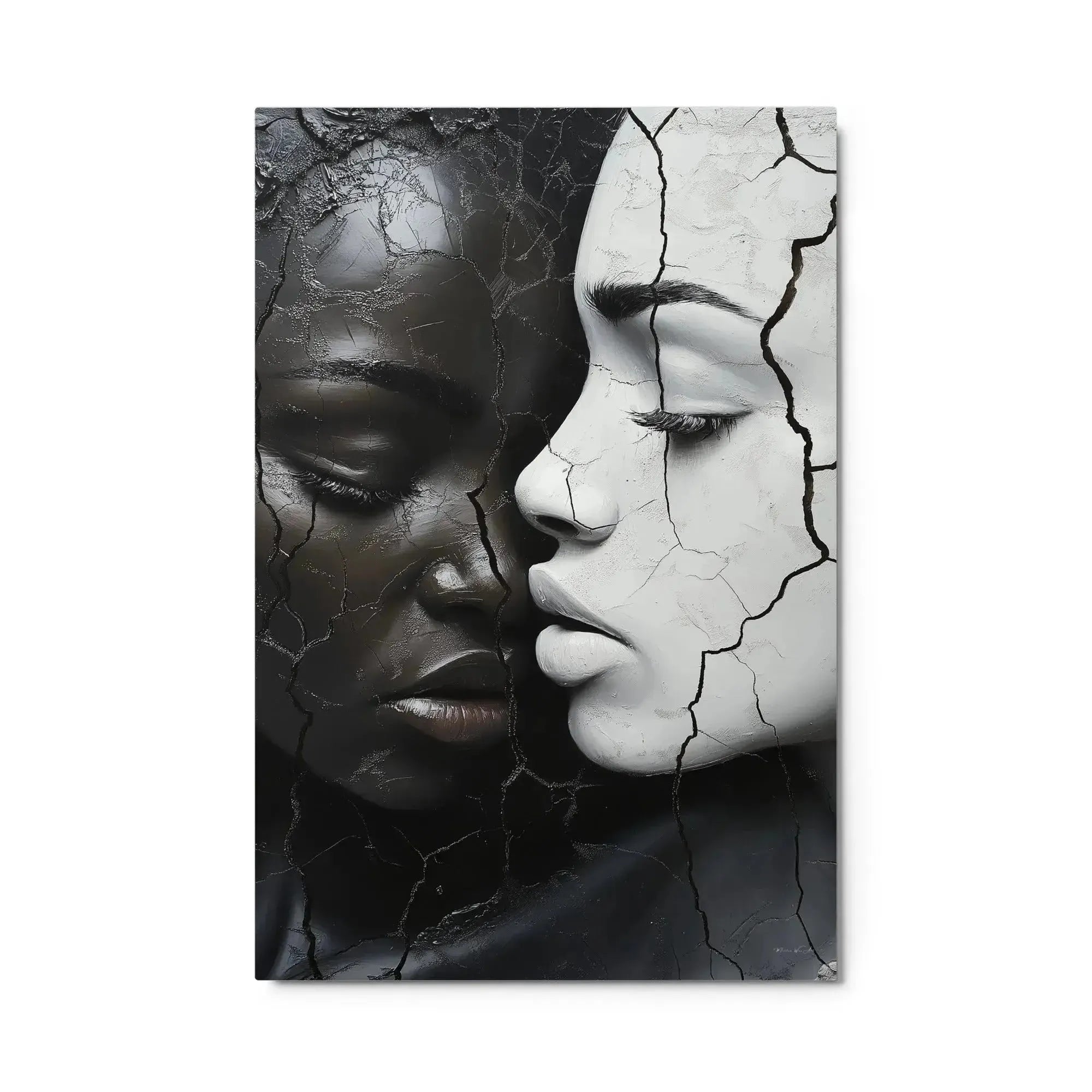 Black white cracked portrait art contemporary couple faces weathered aluminum print NYC artist wall art
