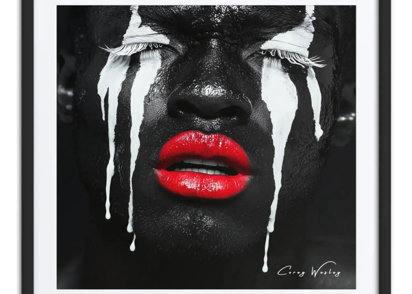 Black white tears portrait art contemporary red lips dripping aluminum print NYC artist wall art