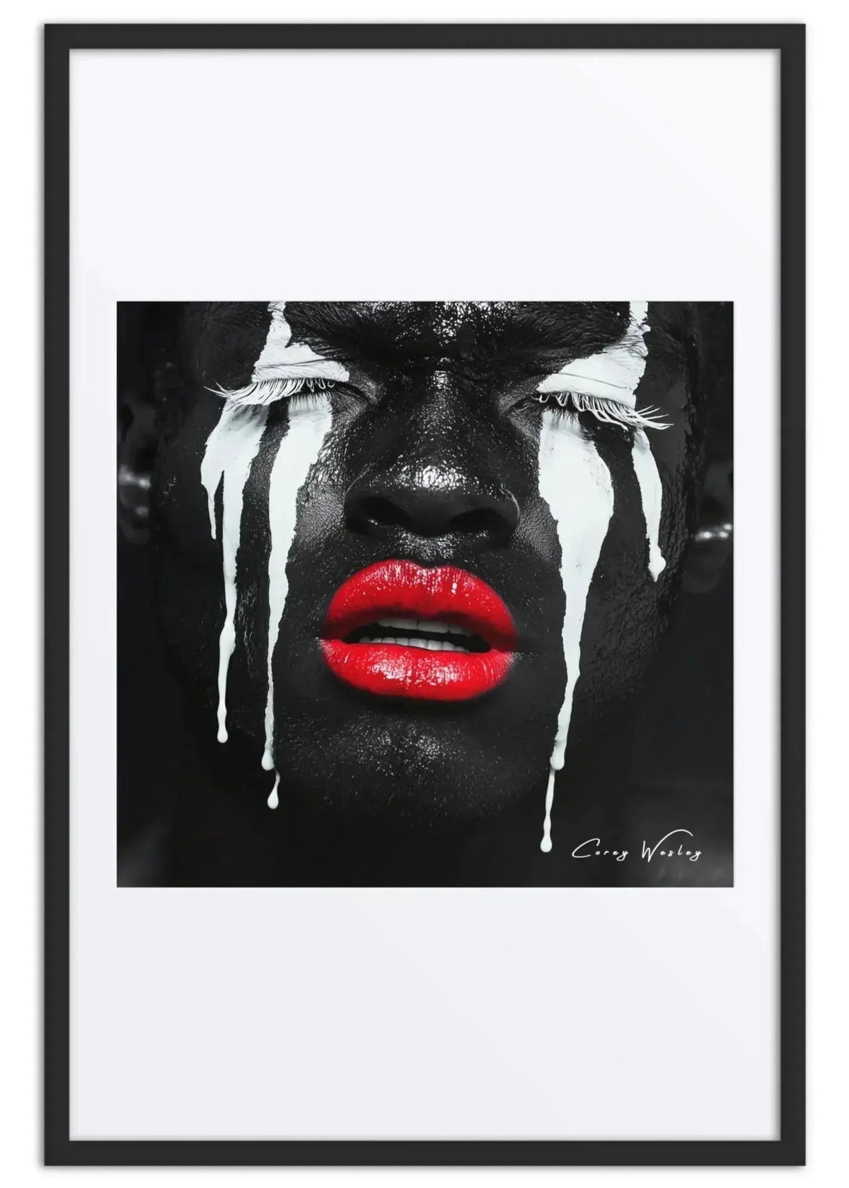 Liberated Tears by Corey Wesley. A dark face with eyes closed, thick white paint running from the eyes, red lips.