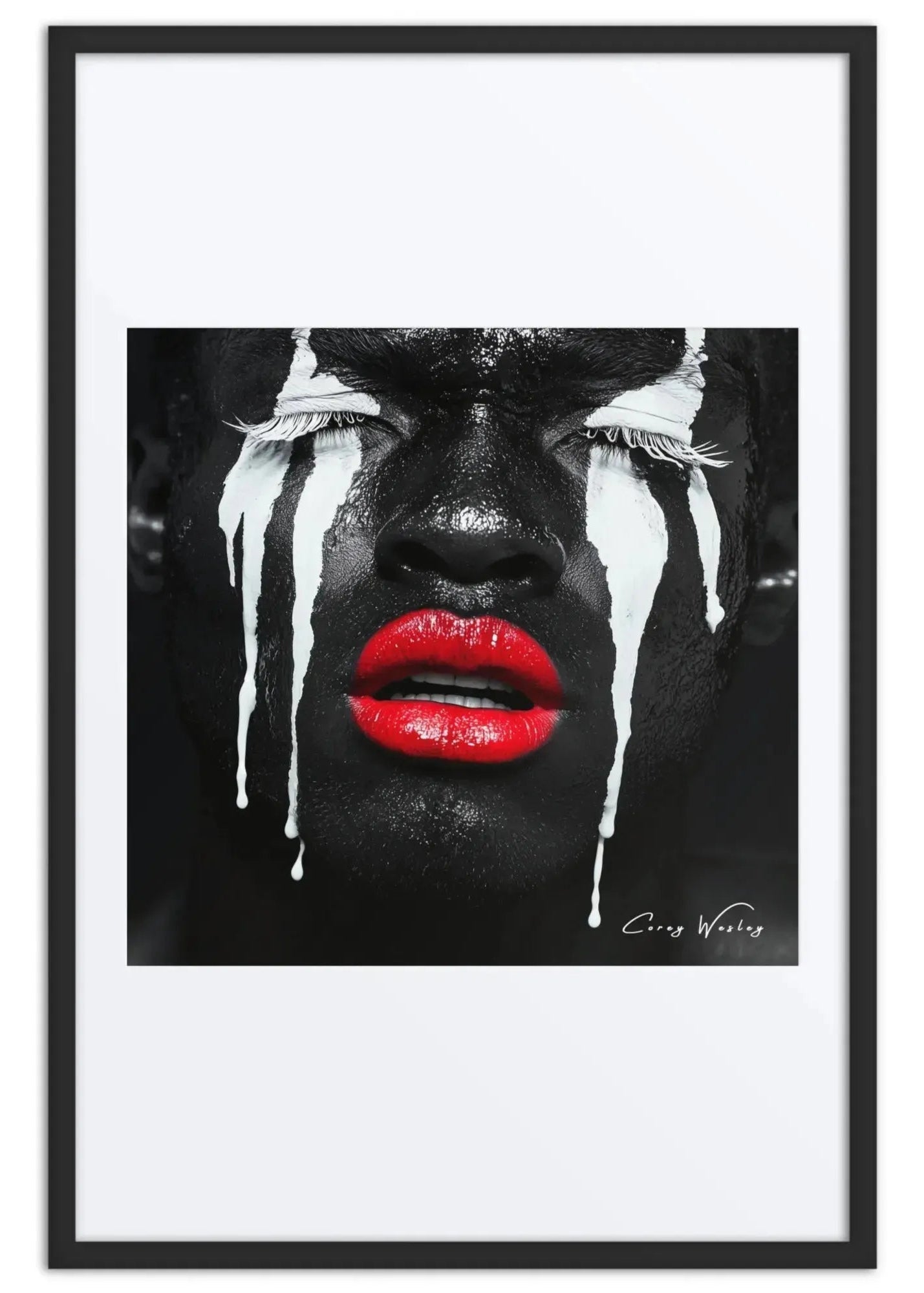 Black white tears portrait art contemporary red lips dripping aluminum print NYC artist wall art contemporary figurative portrait artwork by Harlem artist Corey Wesley